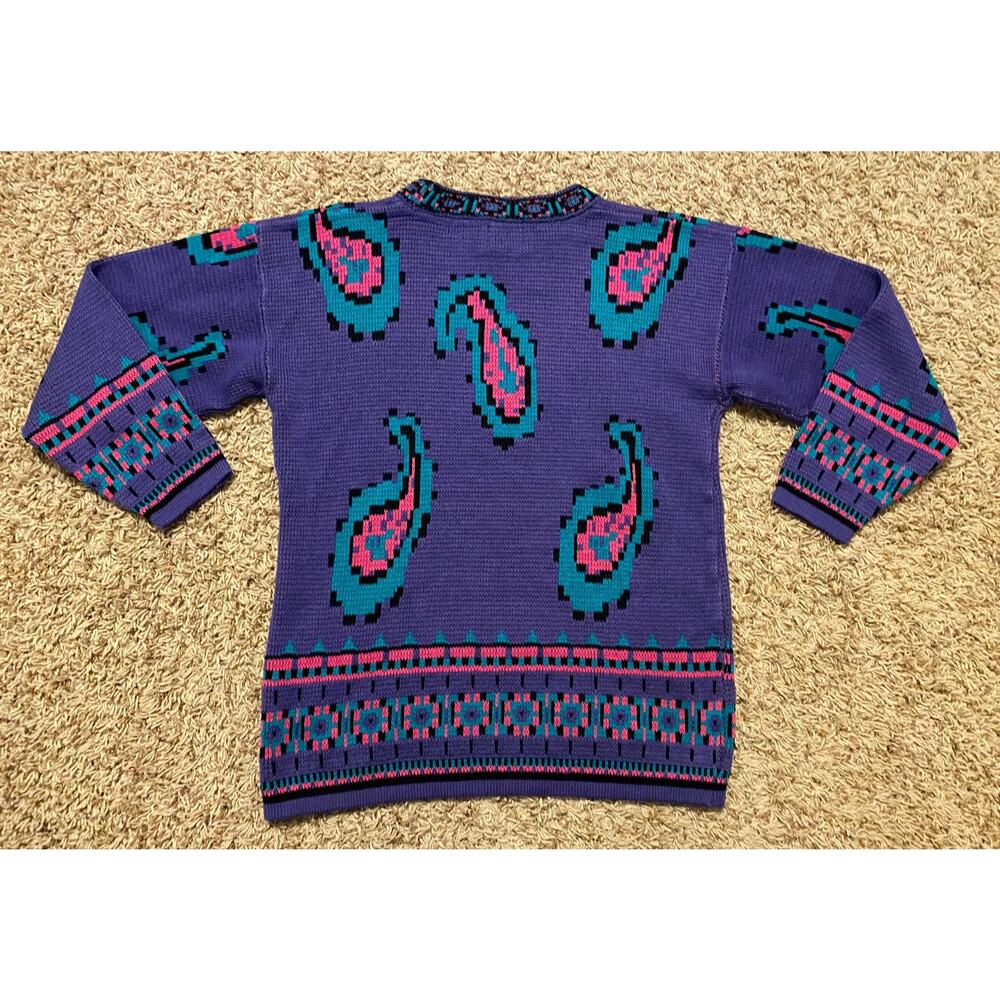 Vintage Extra Medium Sweater Purple Pink green Womens Crazy Paisley Knit - Picture 2 of 7